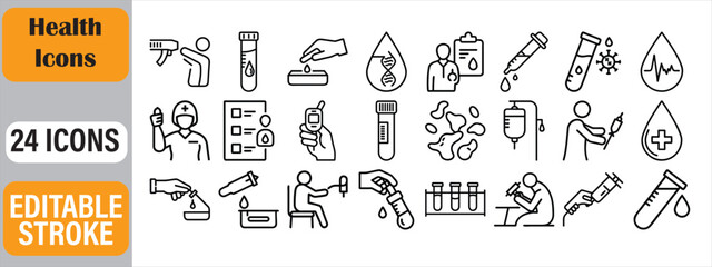 A collection of twenty four healthcare and medical icons in a modern outline style