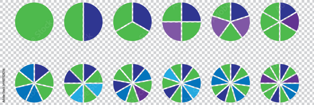 Aufkleber pie chart set, segmented circle icons. circle pie chart diagram. circle section graph. pie chart div
