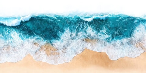 Aerial View of Turquoise Ocean Waves Crashing onto a Sandy Shoreline in Bright Natural Light