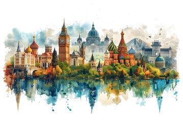 Famous landmarks from around the world blended into a vibrant cityscape