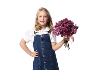 Little girl with bouquet of lilac flowers on white background
