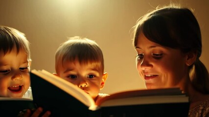 Mother reading bedtime story to her little son in warm golden lighting. The boy looks curiously at the book pages as his mother reads expressively, creating a cozy evening bonding moment. - Powered by Adobe