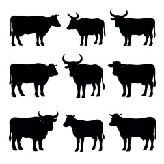 A striking assortment of black silhouette cattle, capturing various stances and horn configurations, representing the essence of farm animals.