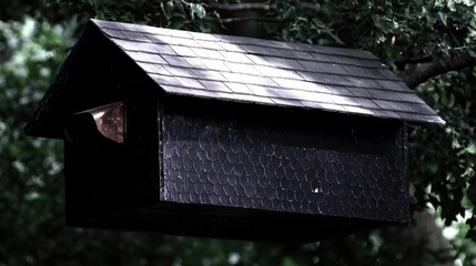 Dark Birdhouse in Tree Canopy.