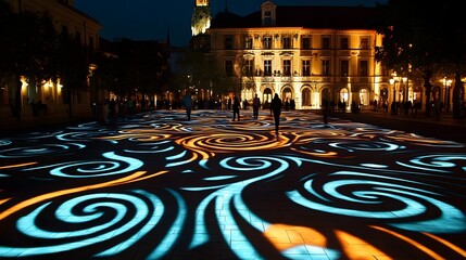 An artistic light installation illuminating the city square with radiant patterns, making the night feel magical