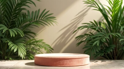 Minimal product stand with beige fabric among lush green plants