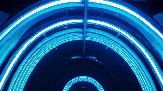 Abstract blue neon light rings pulsating with circular motion in dark space. The concentric circles of electric blue light intensify and expand outward creating a hypnotic tunnel-like visual effect. - Powered by Adobe
