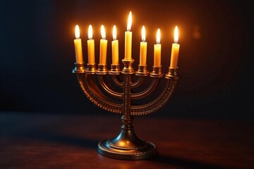 A traditional menorah lit for Hanukkah, glowing warmly against a dark background , jewish traditions, golden light