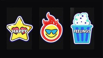 Three Cute Stickers Representing Happy, Hot, and Feelings. This image features three cartoon stickers on a black background.