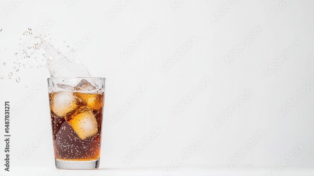 Aufkleber dynamic splash in a glass of cola with ice on white background cola glass ice splash dynamic soda