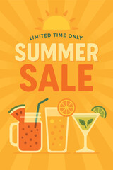 A captivating summer sale advertisement bursting with cheerful imagery of refreshing drinks, vibrant colors, and a radiant sun.