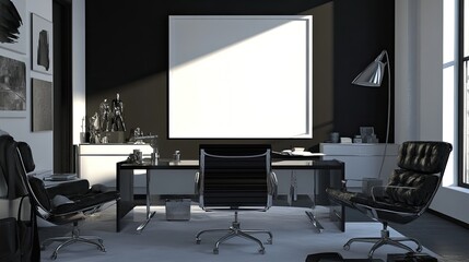 Modern minimalist office interior with black and white decor, large blank canvas, and leather chairs.