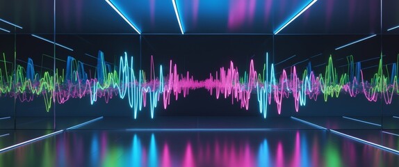 Digital Sound Waves Visualization in a Neon Lit Room with Mirror Reflections.