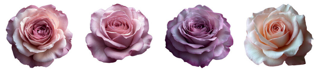Four Roses Pastel Pink, Dusty Rose, Mauve, Light Peach Petals, Transparent Background