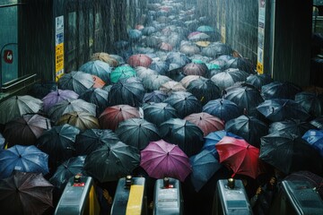 Crowded Rainy Subway Entry