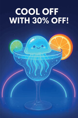 A vibrant neon-lit beverage display featuring a cute jellyfish cocktail, playfully inviting viewers to enjoy a cool drink, with a special discount offer.