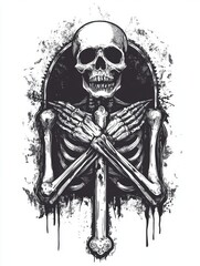 Intricate design of a skeletal figure with crossed arms.