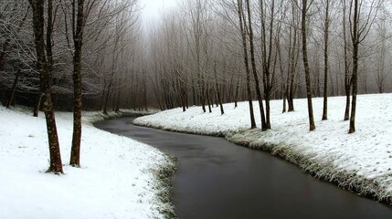 Snowy stream with winter forest.