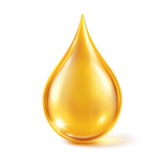 Glossy Golden Oil Drop. Realistic 3D Collagen Serum Droplet for Skincare and Cosmetic Concept