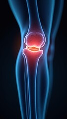 Closeup of knee joint with glowing red bone surfaces