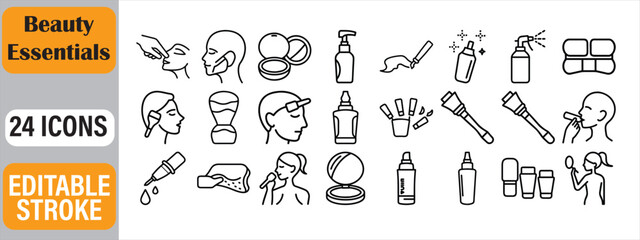 Collection of black and white outline icons depicting beauty skincare and makeup essentials