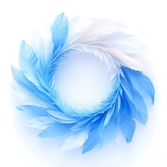 An artistic circular photo of delicate blue and white feathers arranged in a beautiful wreath