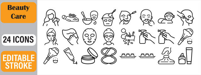 Collection of line art beauty care icons depicting skincare and facial treatment procedures