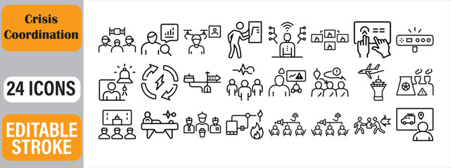Collection of modern line icons representing crisis management and emergency coordination