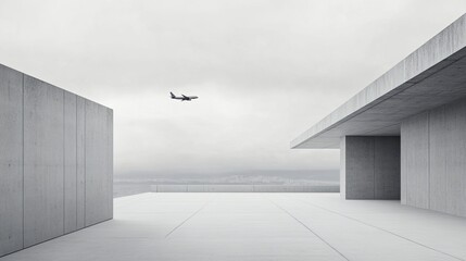 Obraz premium Minimalist concrete architecture with airplane overhead.