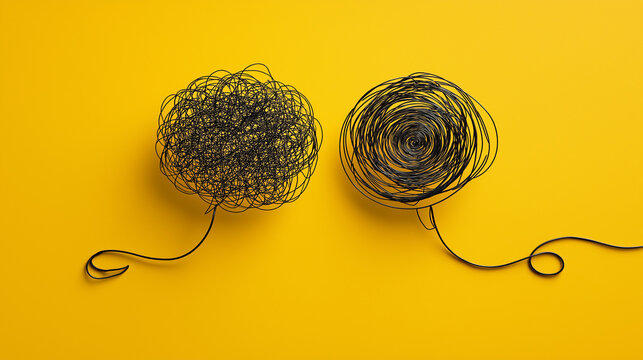 Two light beige, speech bubble-shaped objects are positioned on a bright yellow background. One speech bubble contains a tangled mess of black lines, while the other features a spiral design