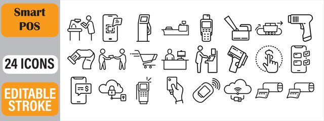 Collection of smart point of sale icons depicting modern payment technology and transactions