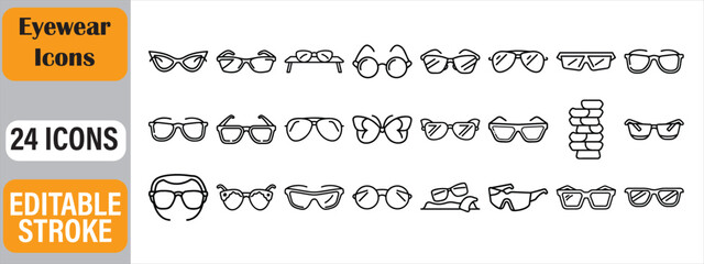 Collection of twenty four black and white eyewear icons with editable strokes