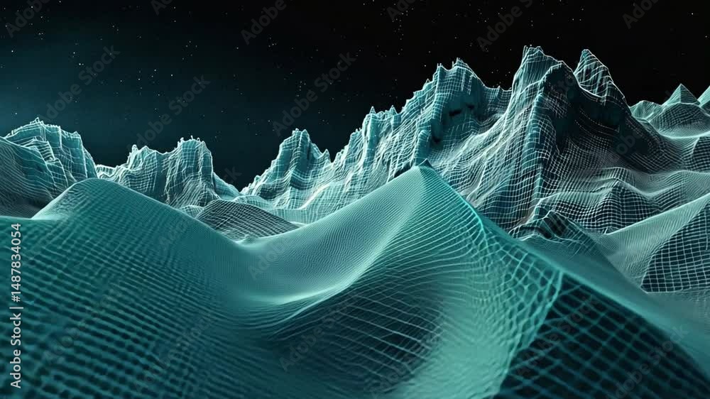 Poster stunning digital landscape with wireframe mountain range under starry night sky, creating virtual en