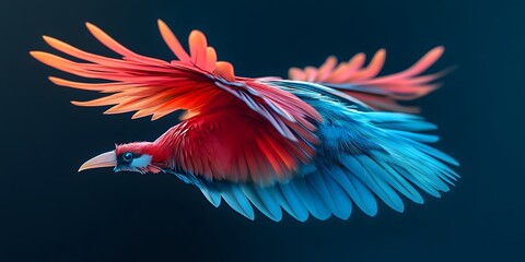 Obraz premium Vibrant avian in flight against a dark backdrop.