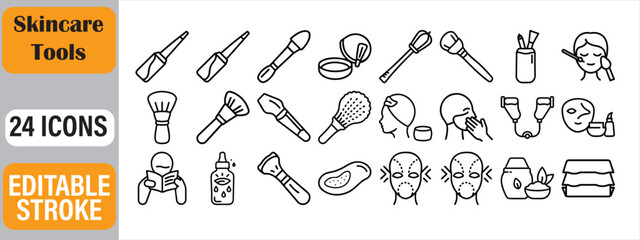 Collection of twenty four editable stroke line icons representing skincare and beauty tools