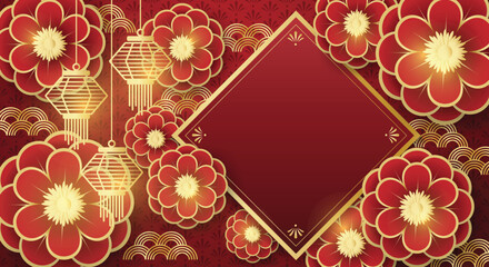 Chinese style festival banner of blooming flowers with golden lanterns on red pattern background with frame for your copy space. For Chinese New Year, Lunar new year, Mid-autumn festival.
