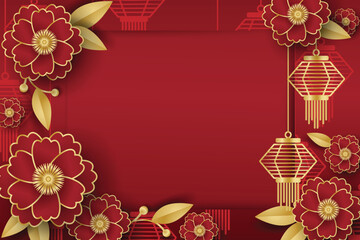 Chinese style festival banner of lanterns and red flowers on red pattern background and frame for your copy space. For Chinese New Year, Lunar new year, Mid-autumn festival.