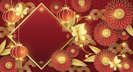 Chinese style festival banner of blooming flowers with golden butterflies, lanterns on red pattern background with frame for your copy space. For Chinese New Year, Lunar new year, Mid-autumn festival.