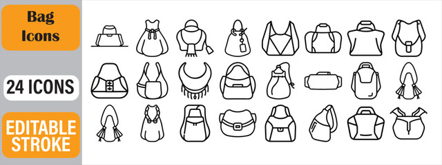 Collection of twenty four modern black and white bag icons with editable stroke