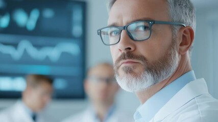 Expert male scientist in lab coat focusing intensely in modern research facility with colleagues discussing data analysis