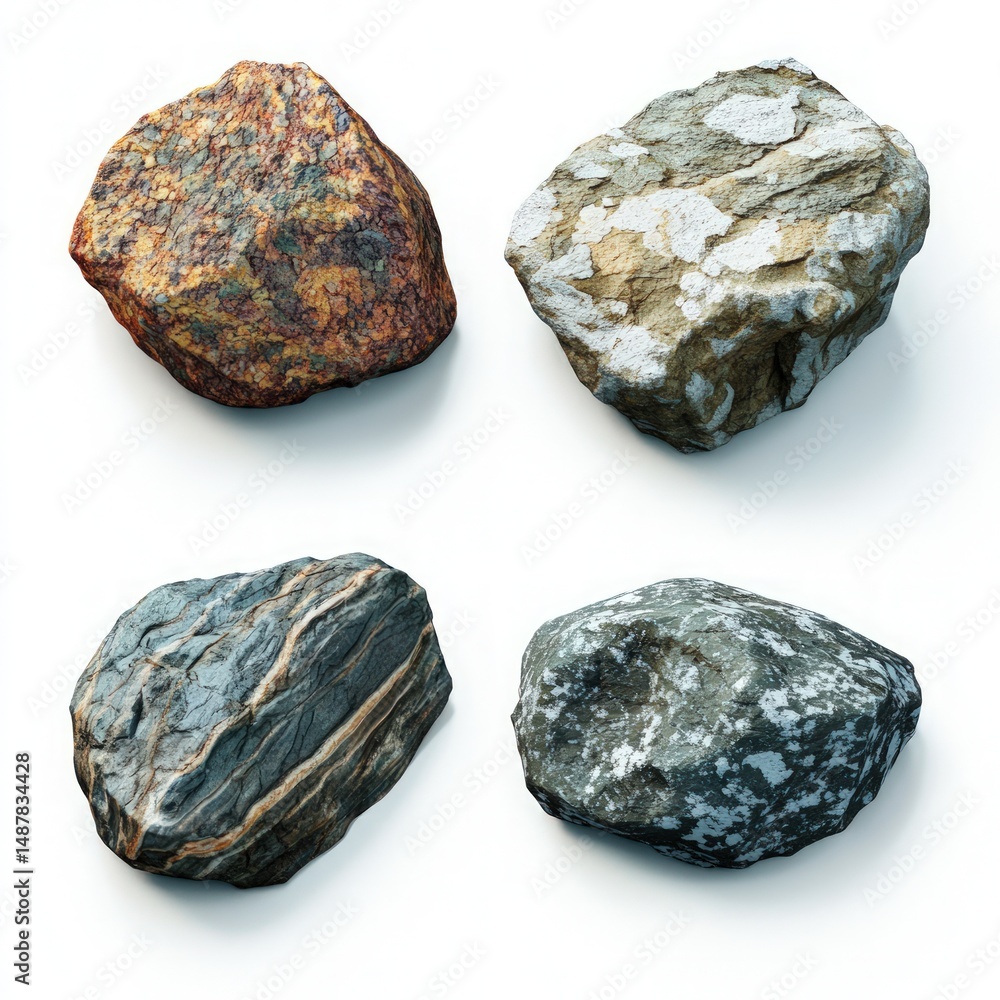 Poster a collection of four unique rocks showcasing different textures and colors ideal for nature and geol