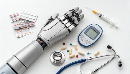 Silver metallic robot hand with glucose monitor on white background with medical equipment and pills top view. AI and smart technologies in medicine, researches and diagnostic of diabetes.    