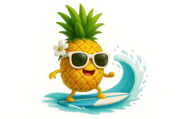 A fun cartoon pineapple character surfing on a wave, wearing white sunglasses and a flower on its head. A tropical, playful design perfect for summer, beach themes, or eyewear promotions.
