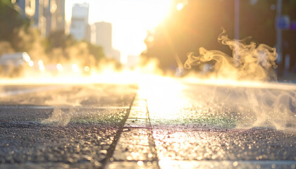 Blurry heat haze rising from asphalt or city pavement in hot summer weather