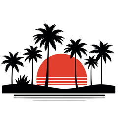 Tropical palm trees on a sunny beach with ocean and sunset