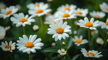 Fototapeta premium Beautiful White Daisy Flowers with Orange Centers Blooming in a Lush Green Garden Setting Under Natural Light