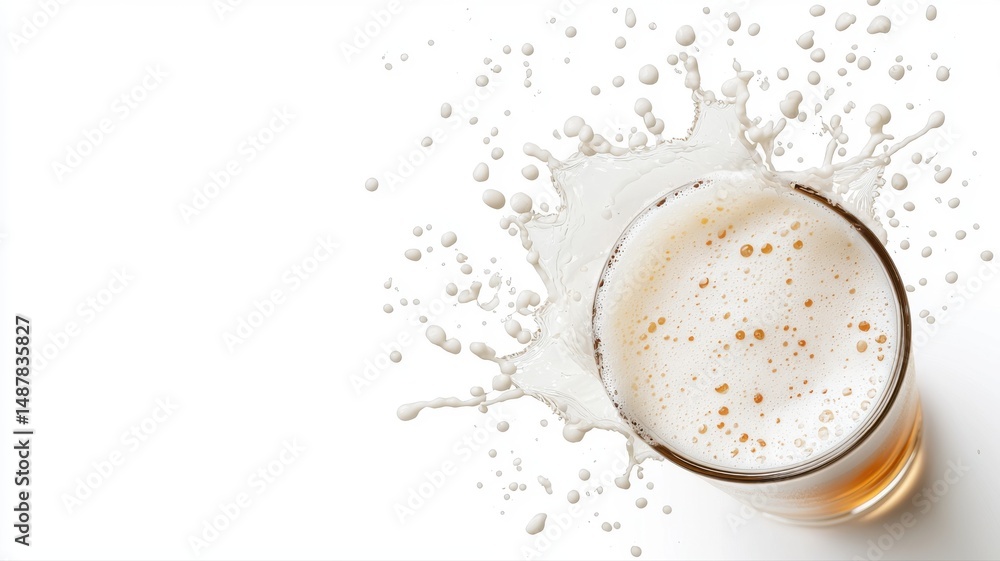 Poster dynamic beer splash and foam in glass on white background, overhead view beer splash foam dynamic