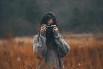 Fototapeta premium Woman in Gray Sweater Captures Autumn Field with Vintage Camera