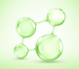 Glossy green molecular drops. Organic skincare and plant-based cosmetic concept. Vector