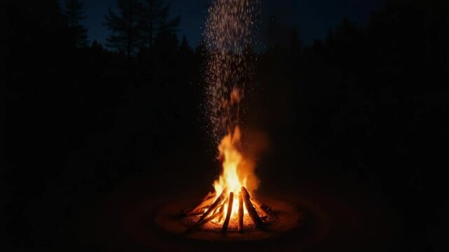 Night Bonfire Burns in the Dark Forest. Flaming Campfire at Nighttime. Place for Bonfire. Fire Pit Outdoors, Wood on Fire, Flying Sparks and Smoke. Travel and Tourism Concept - Static Shot